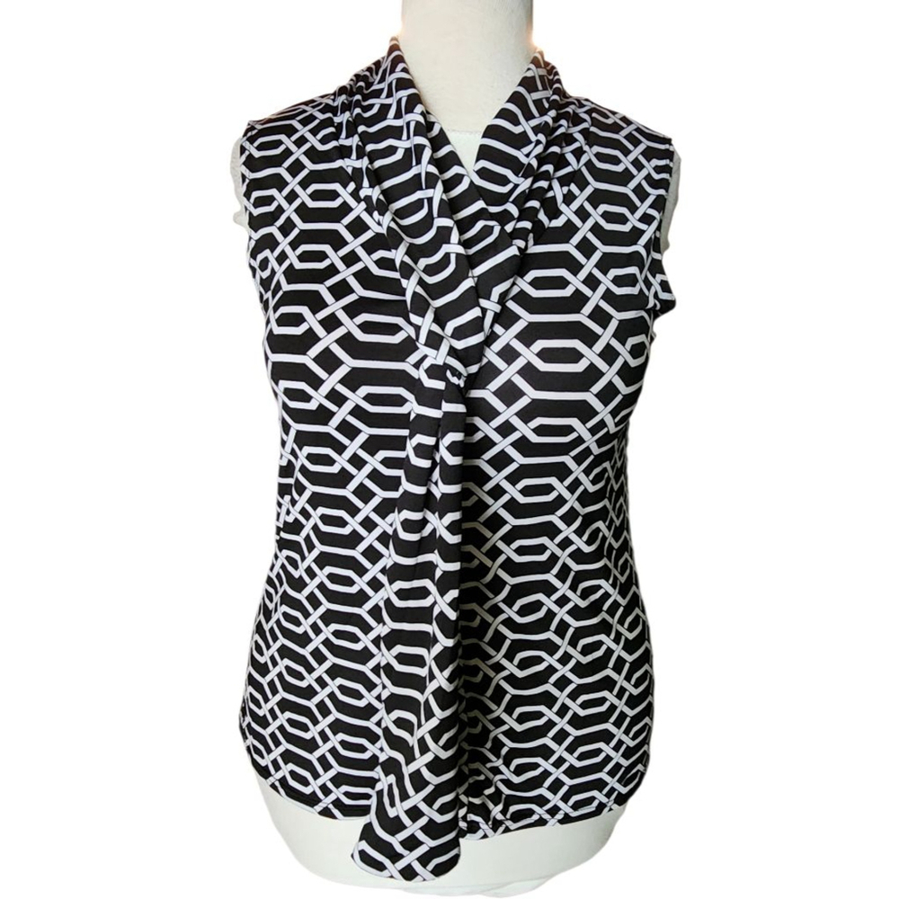 JM Fleurette Petite Black White Geometric Sleeveless Mock Neck Stretch Blouse M